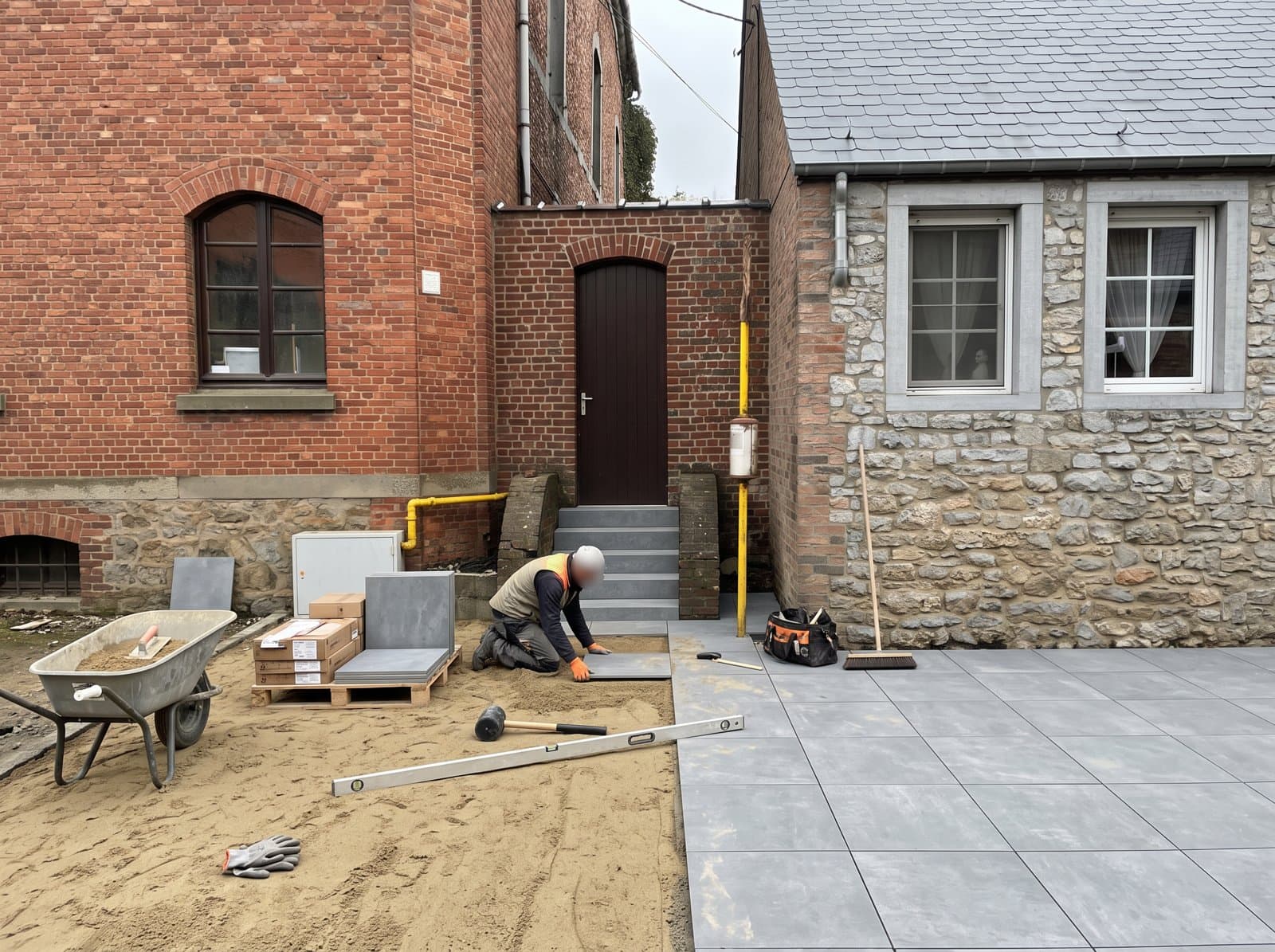 Allée et terrasse pavées réalisées par CP Renove autour d'une maison